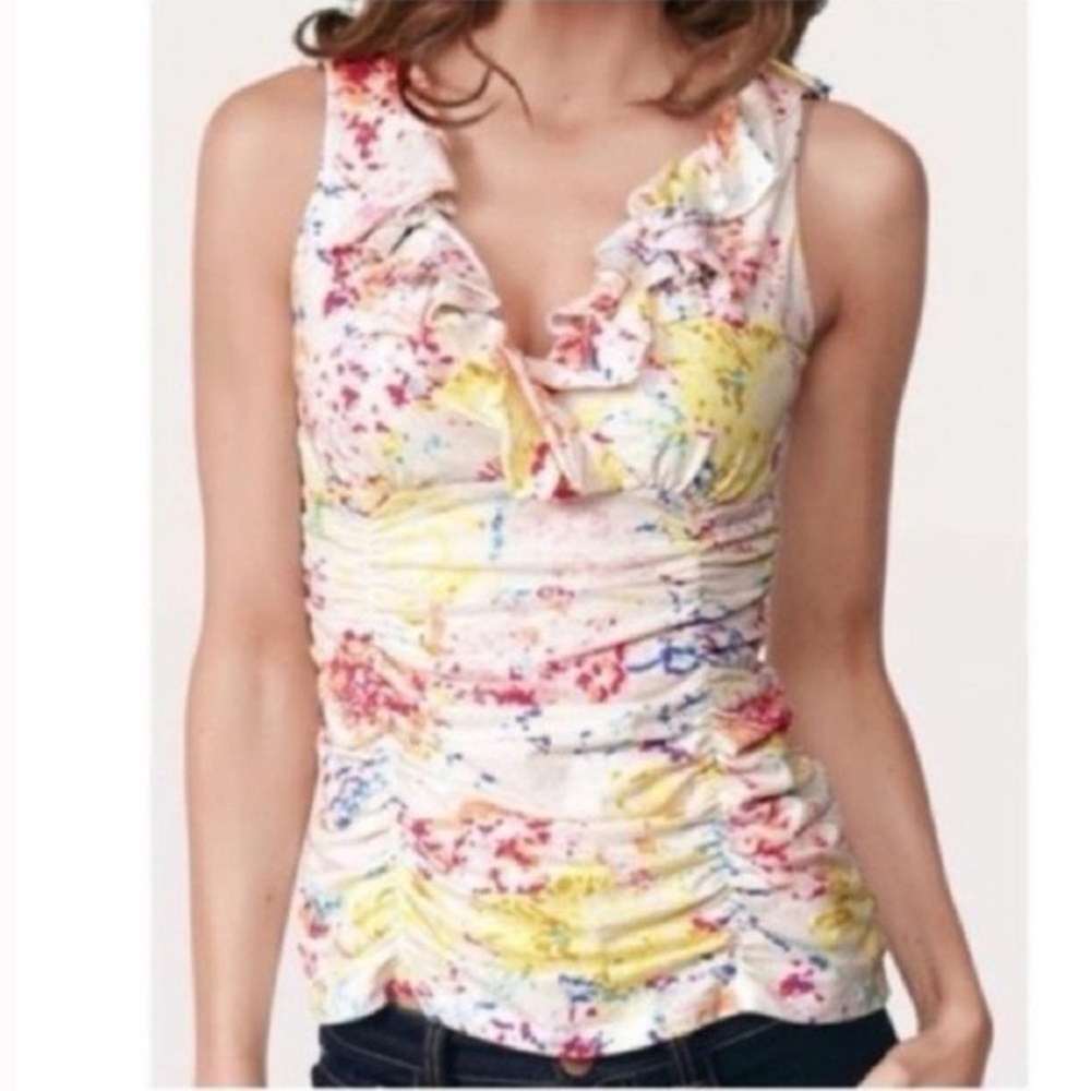 Cabi Colorful Paint Splatter Ruched Ruffle Tank Top Size Medium